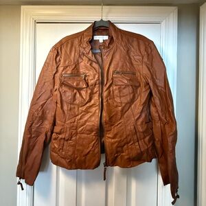 New York & Company Brown Faux Leather Moto Jacket | Utility Zip Pockets - XL